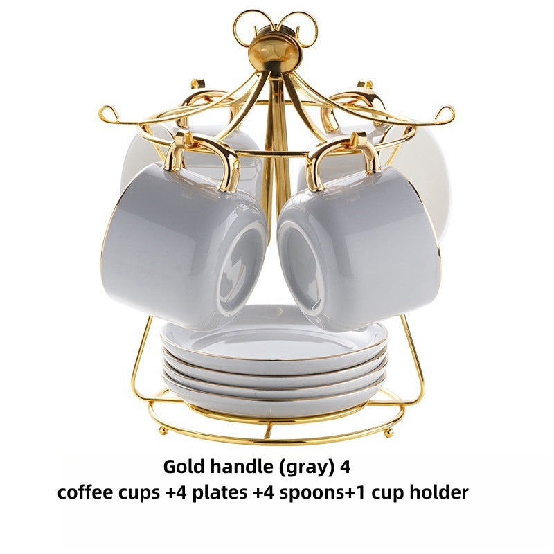 Gold Handle - Simple Gold-painted Coffee Cup Suit Luxury Ceramic European-style Latte Art Afternoon Tea With Shelf