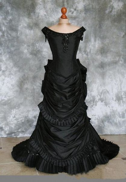Color: Dark Red - Adult: yes - Gothic Black Victorian Wedding Dress Beaded Ruched Satin Long Vampire Ball Masquerade Halloween Bridal Dress Steampunk Corset Goth 19th century Women Formal Gown