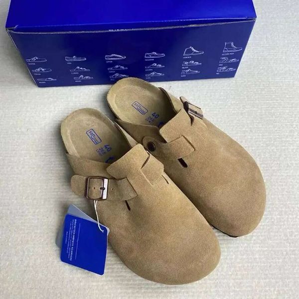 Color: Boston2 - Size: Size Eur37= footlength 235mm - 2025 Boston Clogs Big Size Eur35-46 Summer Beach Slippers Flat Slides Soft Footed Platform German Slipper Fur Suede Leather Slippers Nubuck Wood Cork Bostonclogs