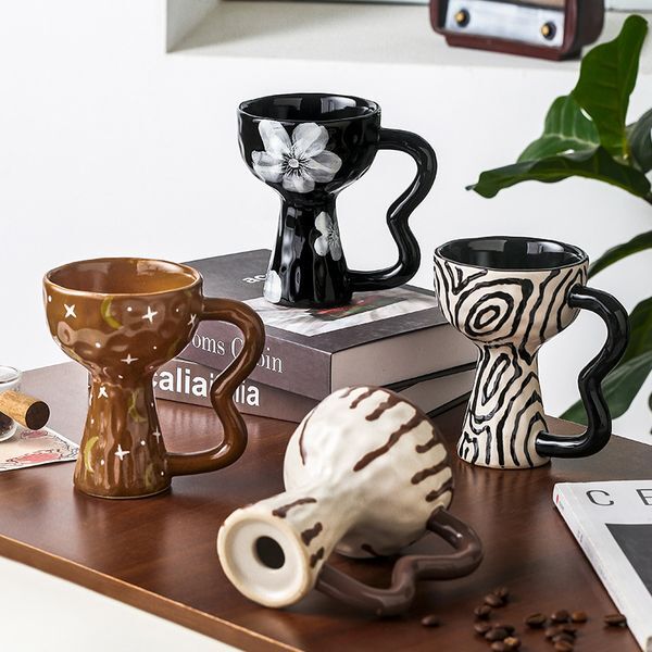 Color: Light Grey - Retro Pattern Goblet Irregular Drinking Ceramic Wine Cup Coffee Mug Decoration Dessert Ice Cream Cup Home Decoration