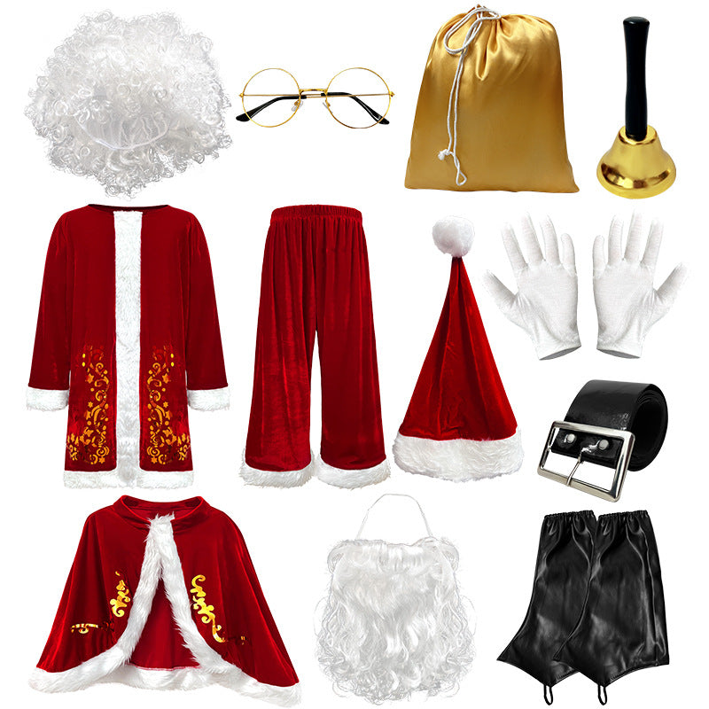 Color: Mens Twelve Pieces, Size: XL - Mens Christmas Costume Halloween Gold-Embossed Print Santa Suit Set