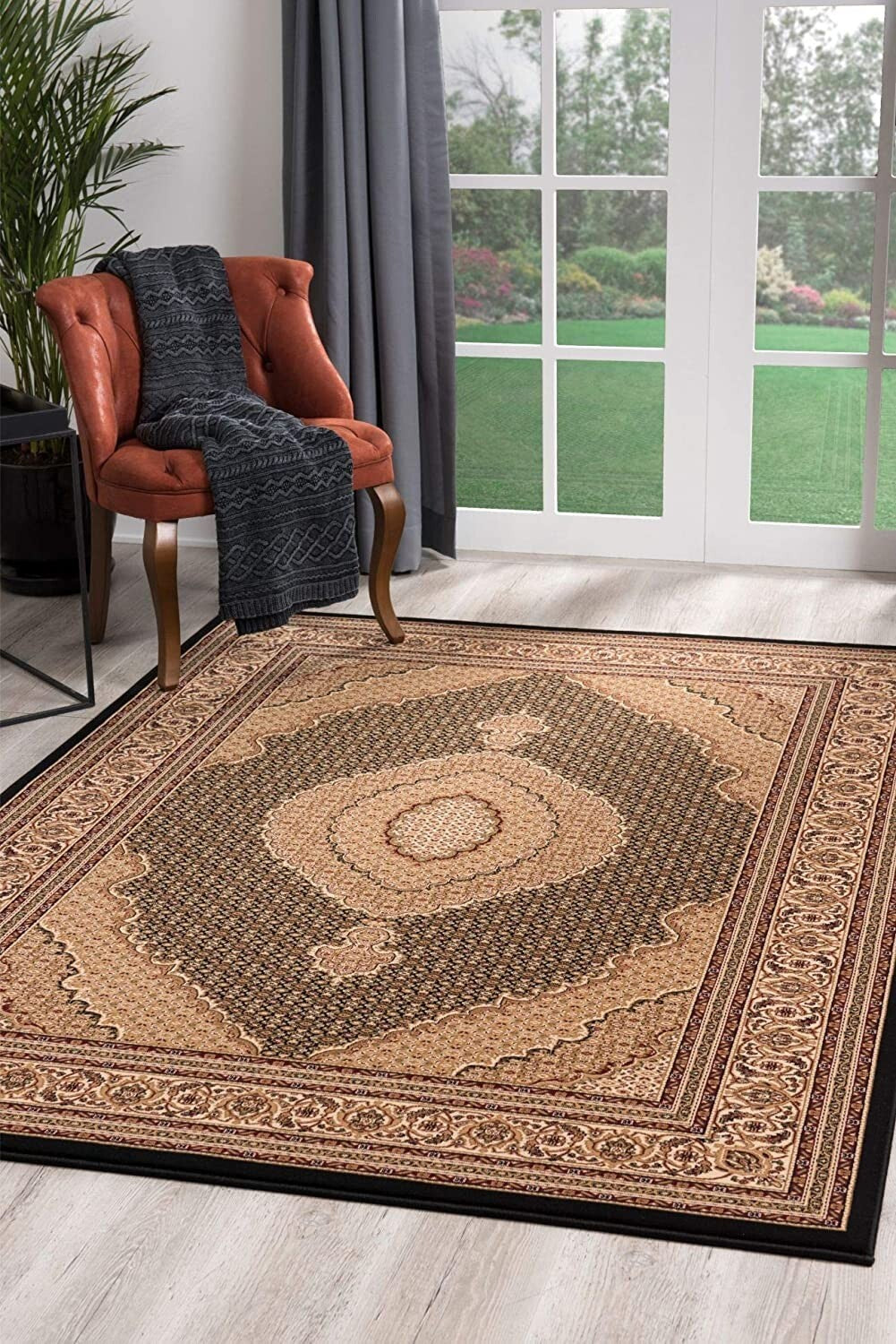Beige and Black Medallion Power Loom Area Rug