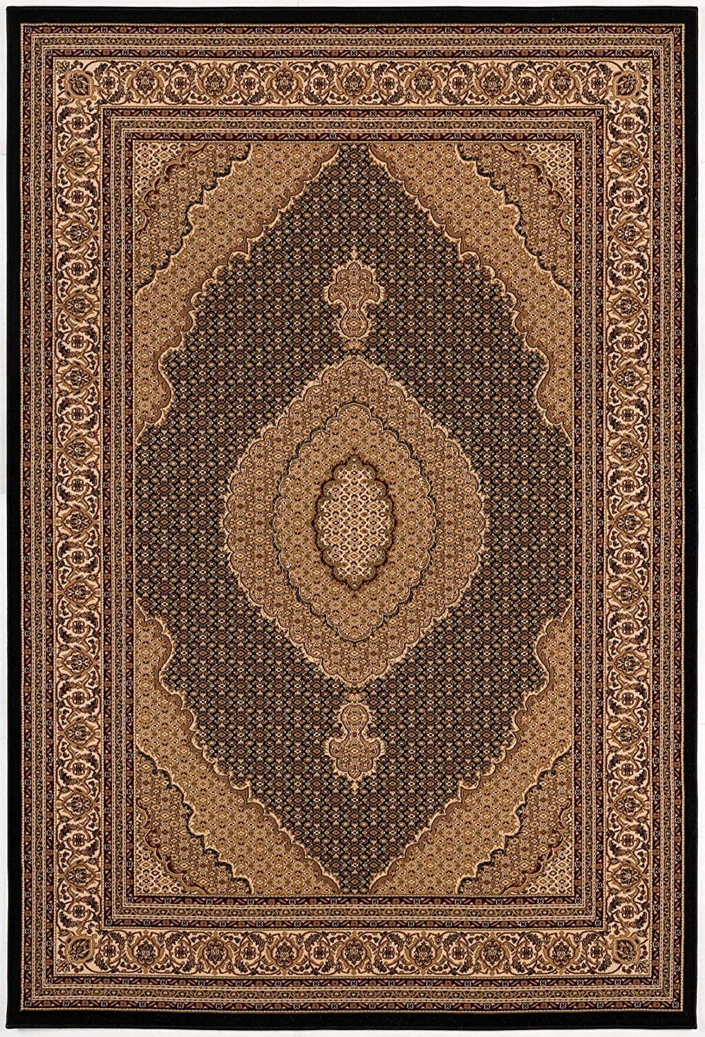 Beige and Black Medallion Power Loom Area Rug