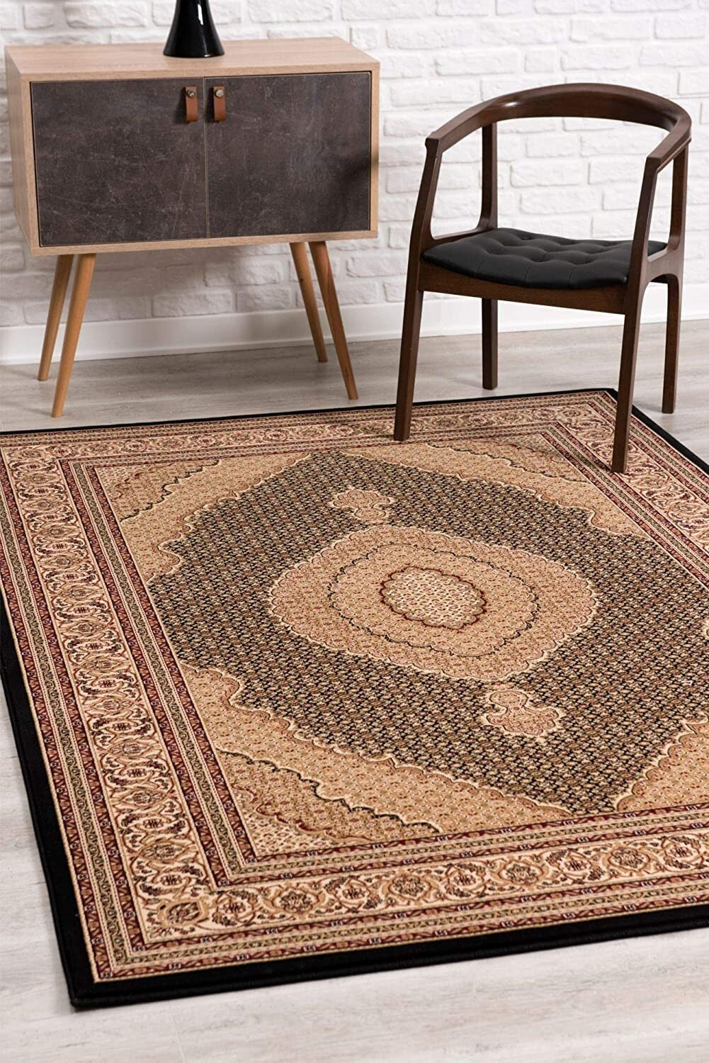 Beige and Black Medallion Power Loom Area Rug