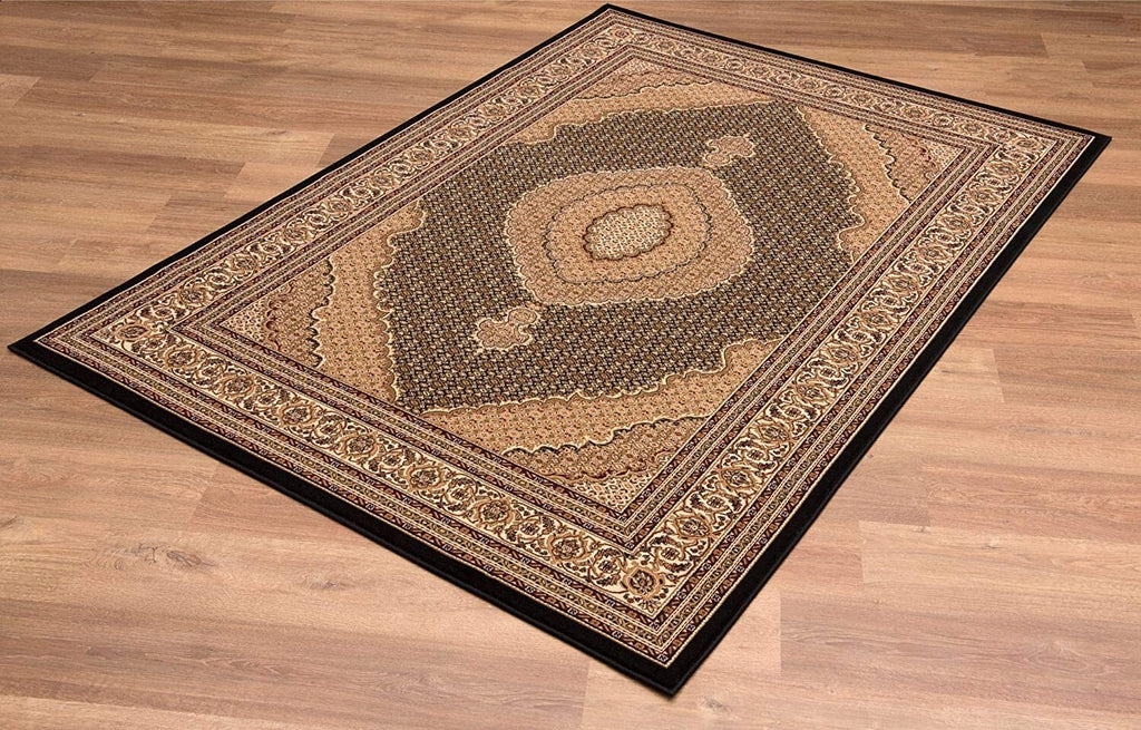 Beige and Black Medallion Power Loom Area Rug