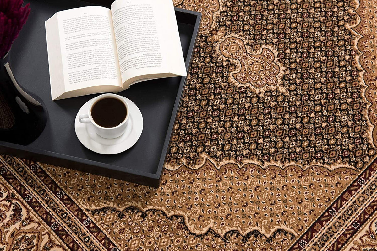 Beige and Black Medallion Power Loom Area Rug