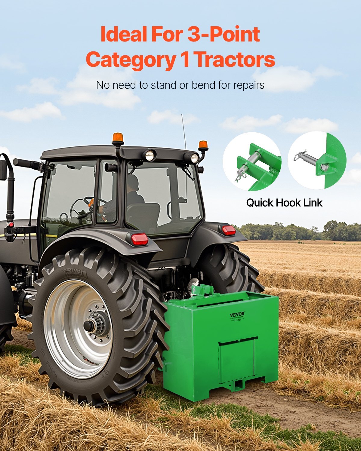 Ballast Box, 3-Point Category 1 Tractor Ballast of 800lbs Capacity, for 2 Inch Hitch Receiver, Heavy-Duty Steel 4.3 ft Large Volume Loader Attachment with Sliding Door, Green
