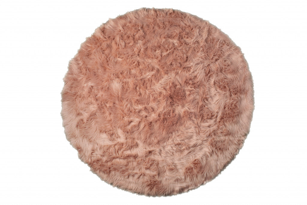 Dusty Rose Round Faux Fur Washable Non Skid Area Rug
