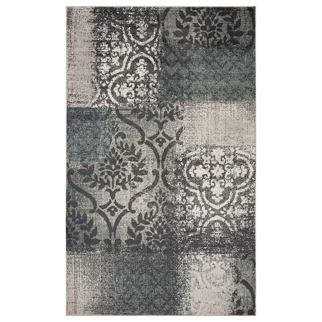 Teal And Gray Damask Distressed Stain Resistant Area Rug