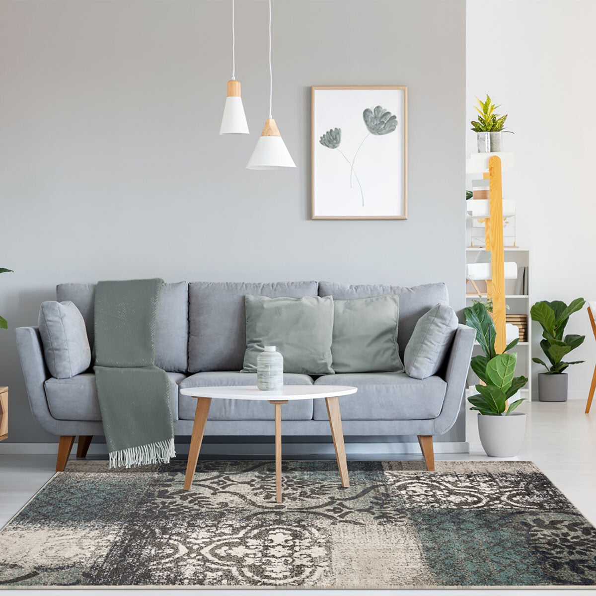 Teal And Gray Damask Distressed Stain Resistant Area Rug