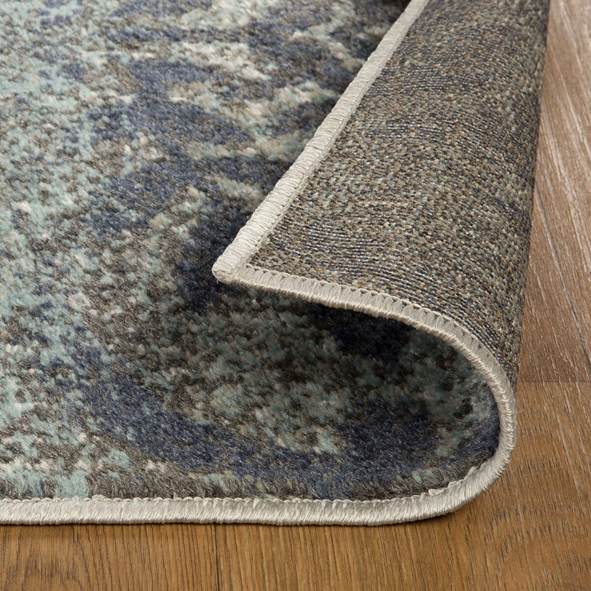 Teal And Gray Damask Distressed Stain Resistant Area Rug