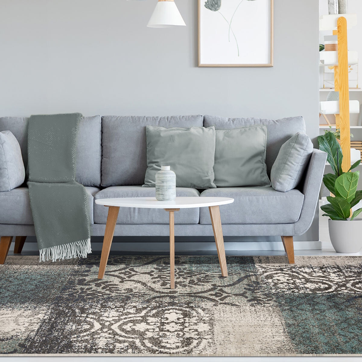 Teal And Gray Damask Distressed Stain Resistant Area Rug