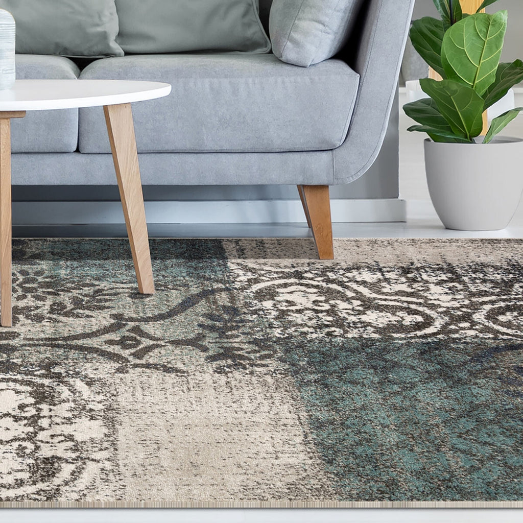 Teal And Gray Damask Distressed Stain Resistant Area Rug