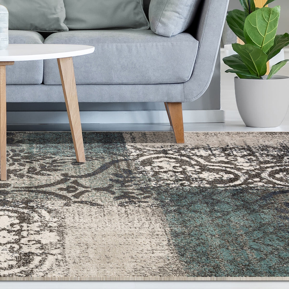 Teal And Gray Damask Distressed Stain Resistant Area Rug