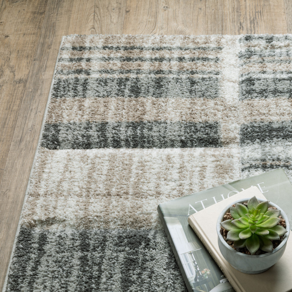 Grey Charcoal Ivory Tan Brown And Beige Geometric Power Loom Stain Resistant Area Rug