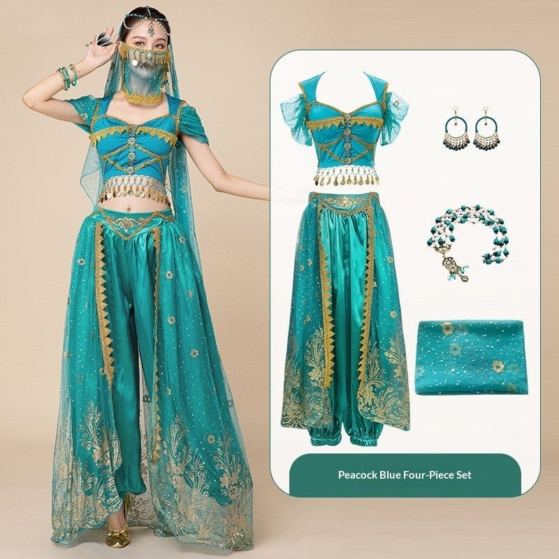 Color: Peacock Blue, Size: M-4pcs set, Style:  - Indian Dance Costume Halloween Jasmine