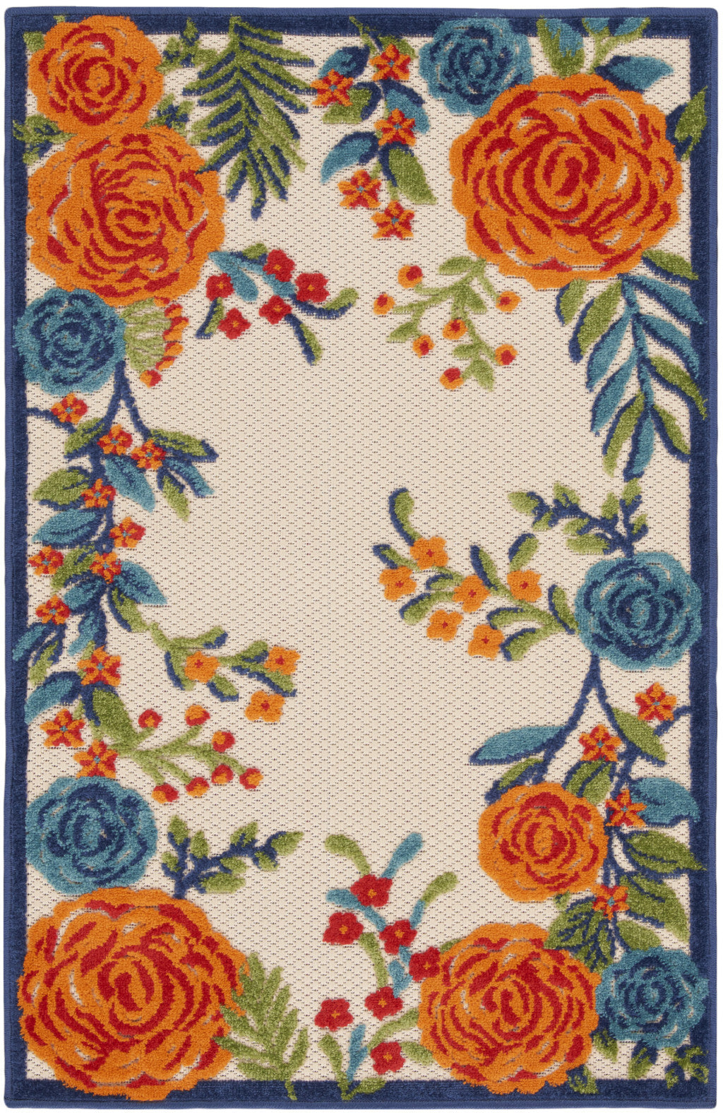 Blue and Orange Floral Power Loom Area Rug