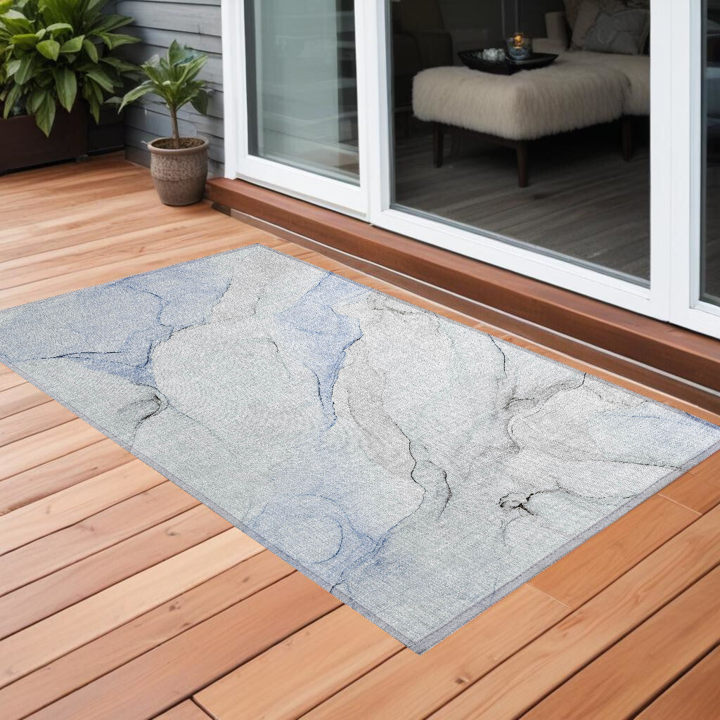 Ivory Blue and Gray Abstract Washable Non Skid Indoor Outdoor Area Rug