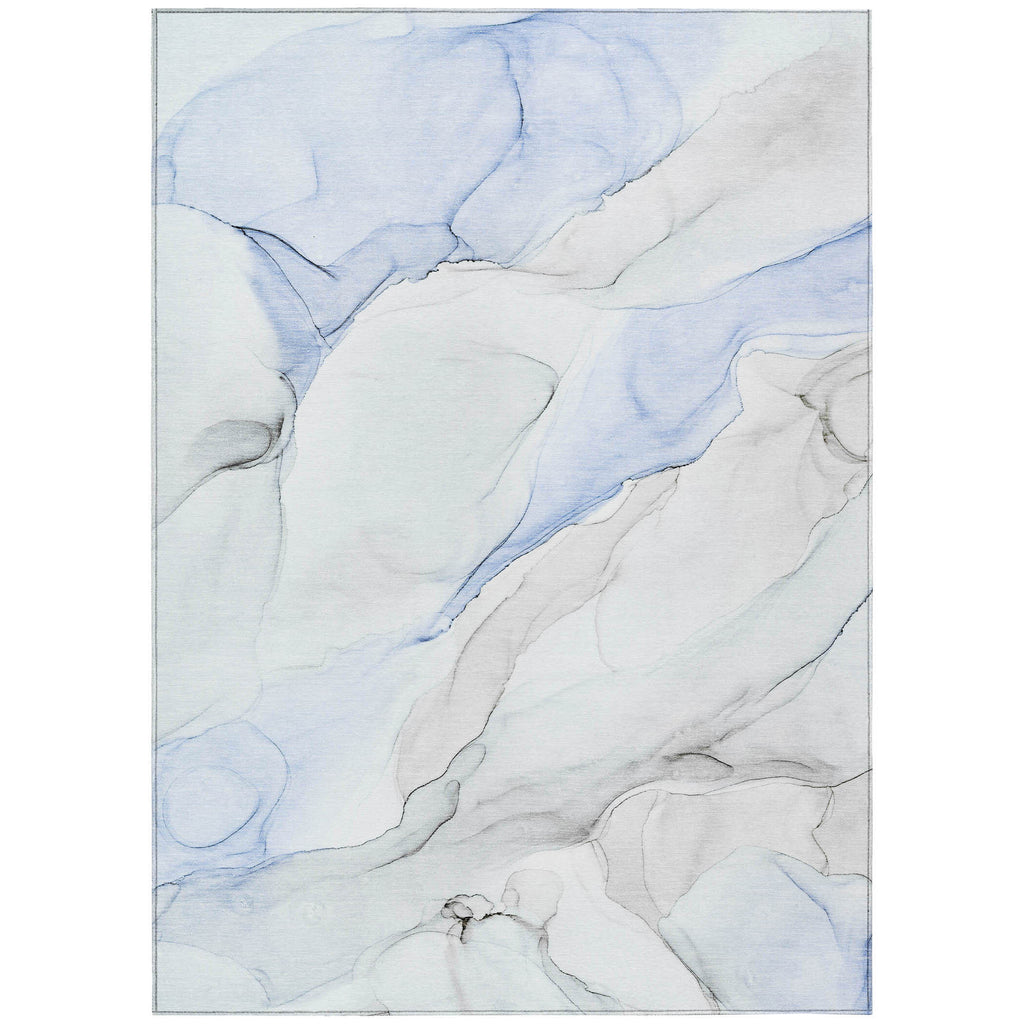 Ivory Blue and Gray Abstract Washable Non Skid Indoor Outdoor Area Rug