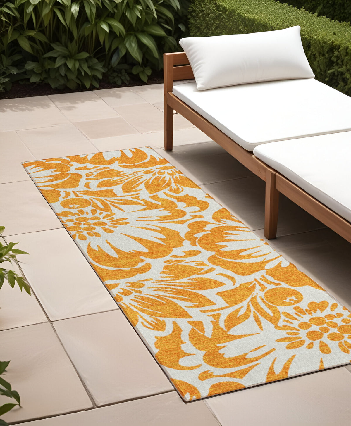 Orange and White Floral Washable Non Skid Indoor Outdoor Runner Rug