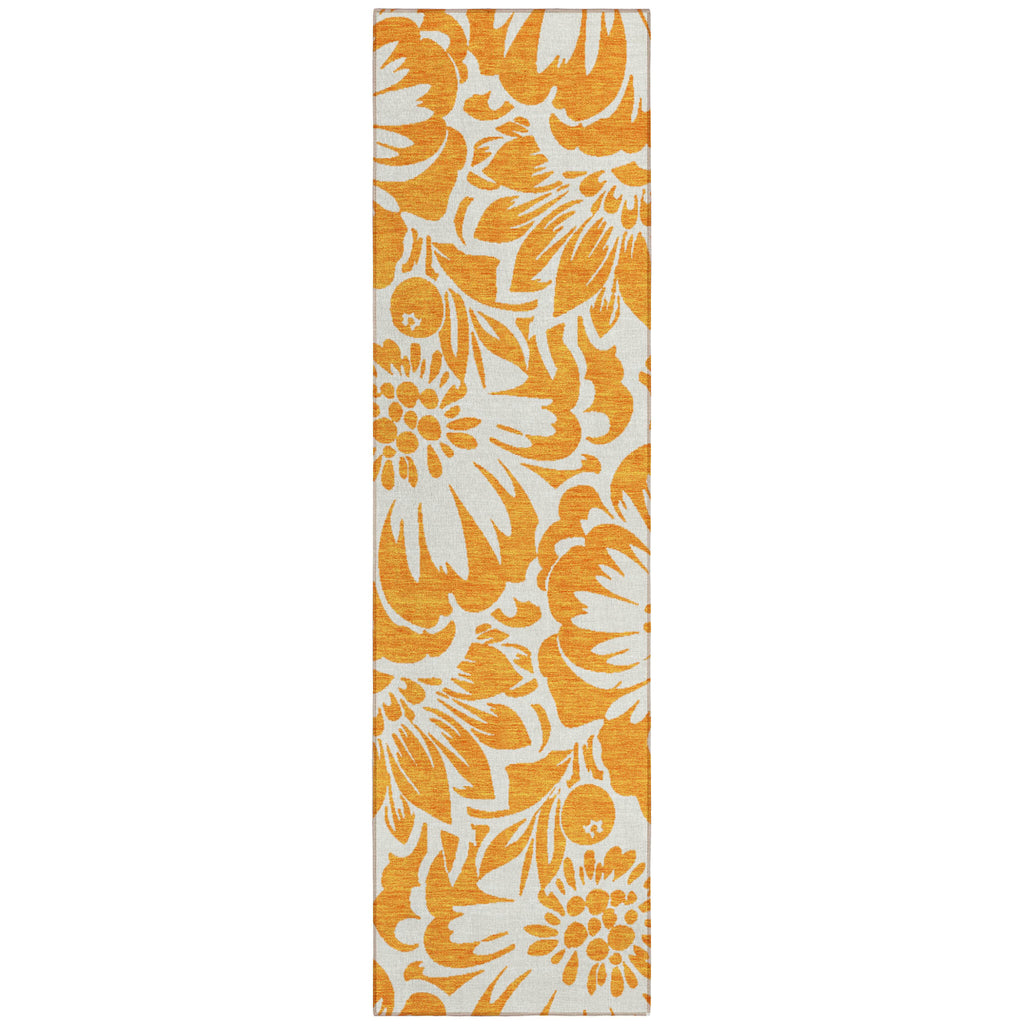 Orange and White Floral Washable Non Skid Indoor Outdoor Runner Rug