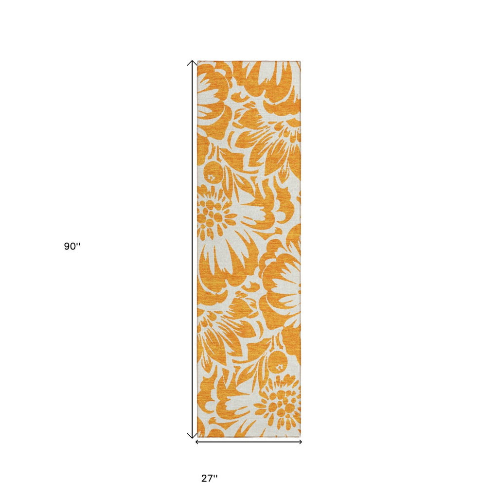 Orange and White Floral Washable Non Skid Indoor Outdoor Runner Rug