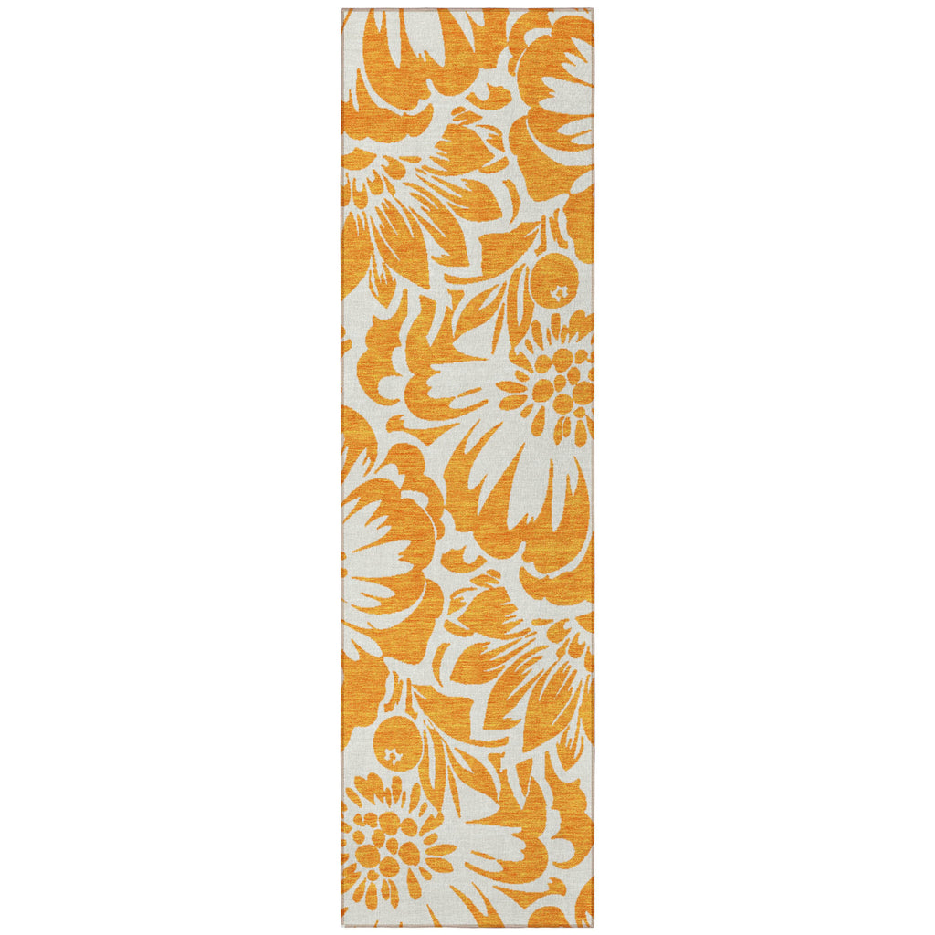 Orange and White Floral Washable Non Skid Indoor Outdoor Runner Rug