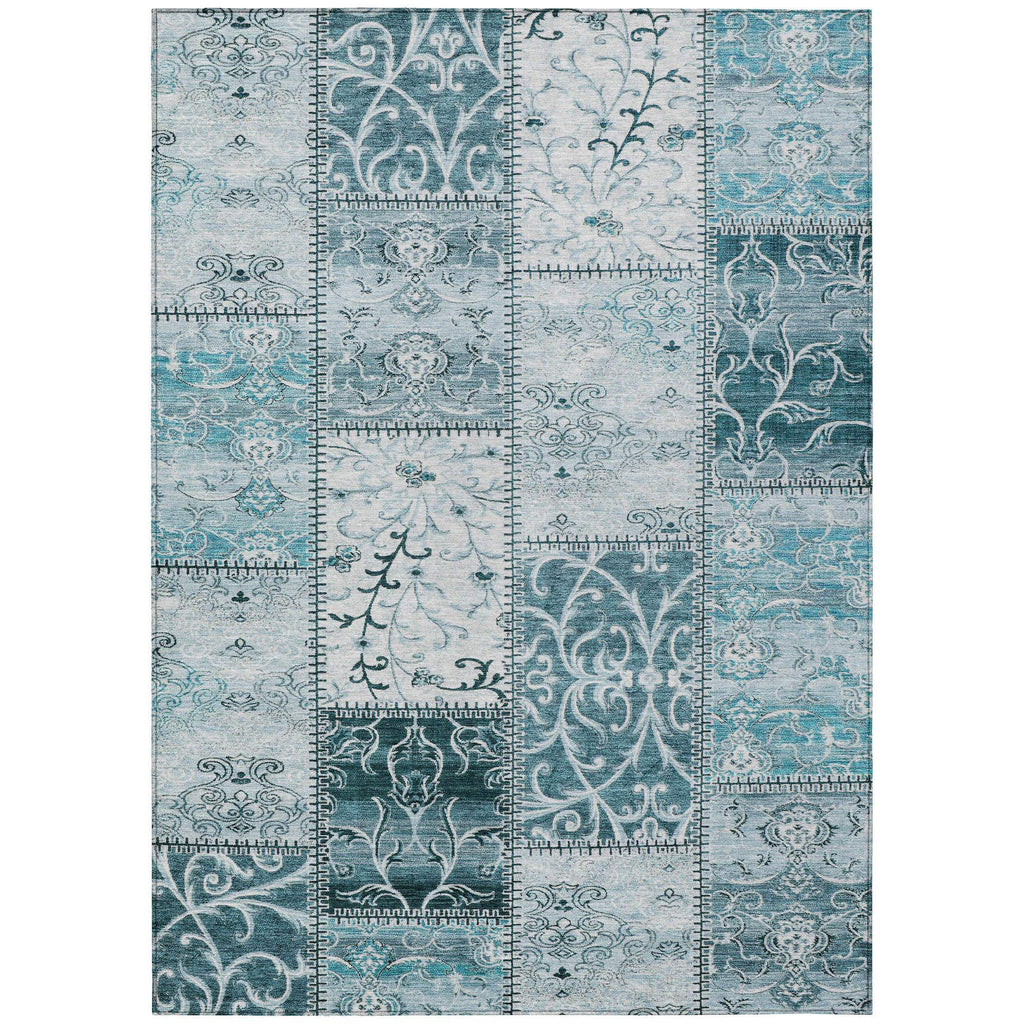 Teal Patchwork Washable Non Skid Indoor Outdoor Area Rug