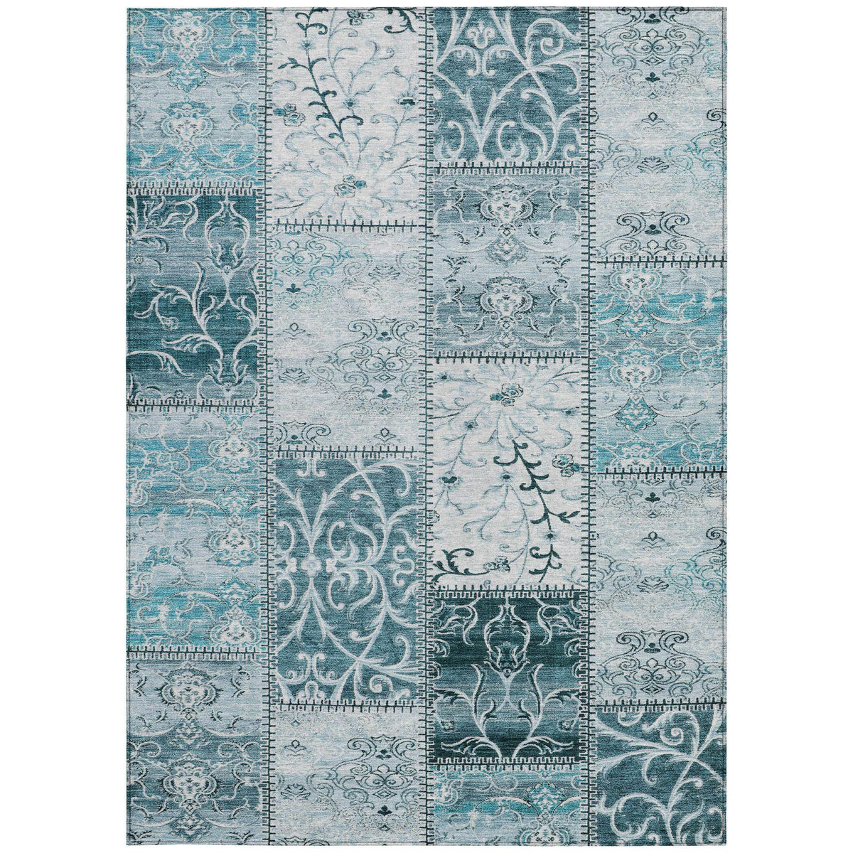 Teal Patchwork Washable Non Skid Indoor Outdoor Area Rug