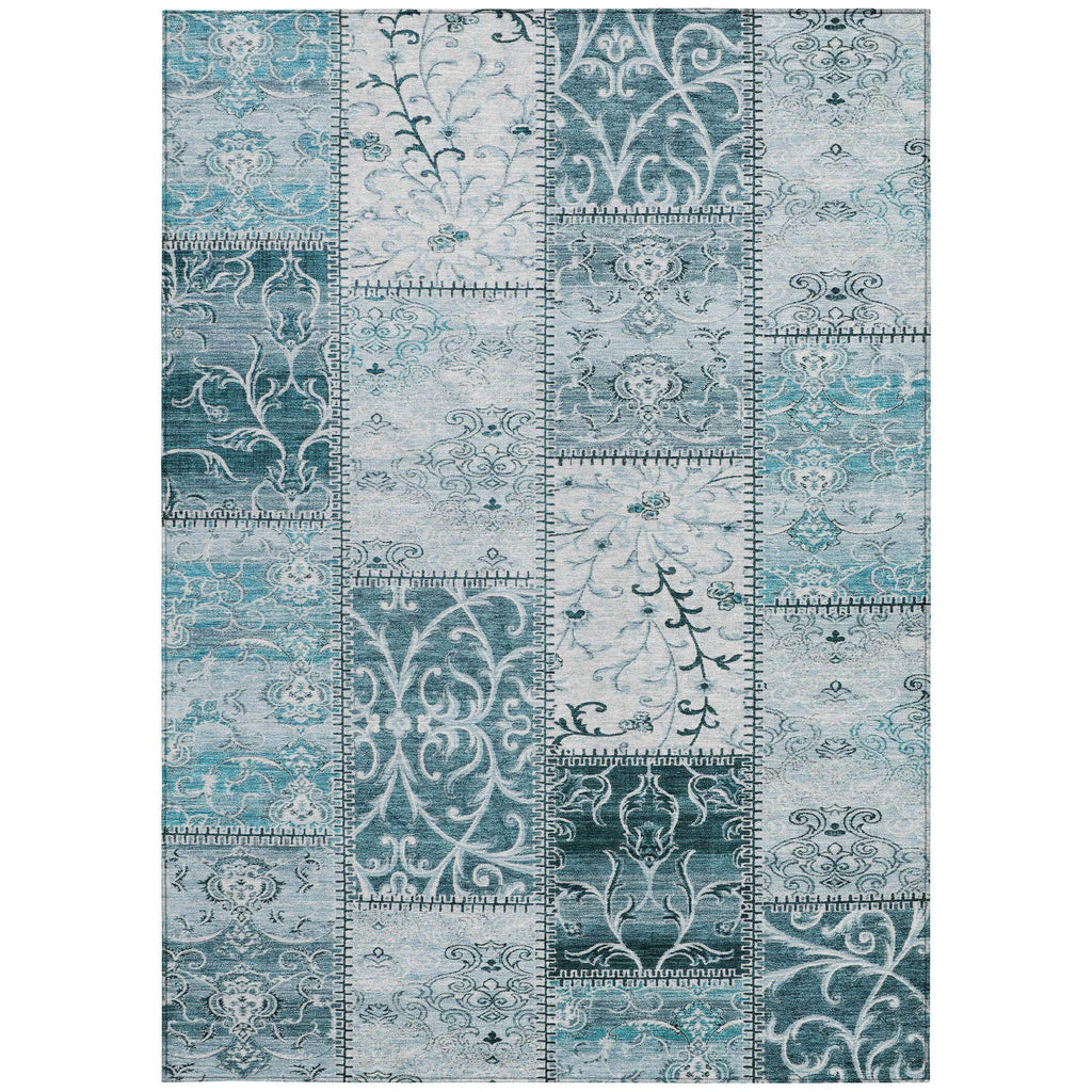 Teal Patchwork Washable Non Skid Indoor Outdoor Area Rug