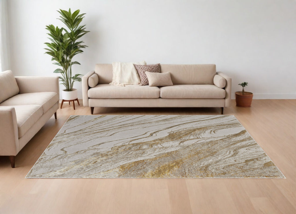 Ivory Brown and Gold Abstract Power Loom Area Rug