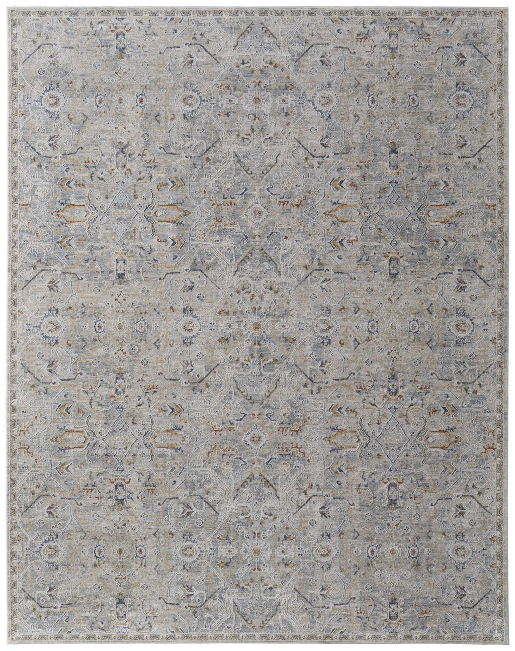 Ivory Tan and Blue Abstract Power Loom Worn Faded Area Rug With Fringe