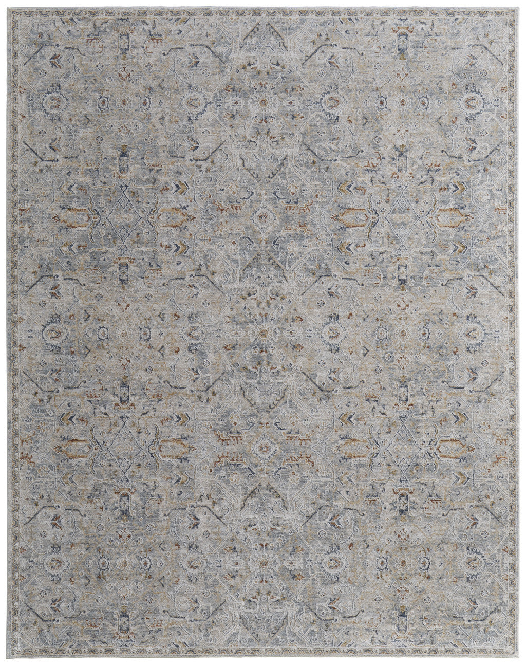 Ivory Tan and Blue Abstract Power Loom Worn Faded Area Rug With Fringe