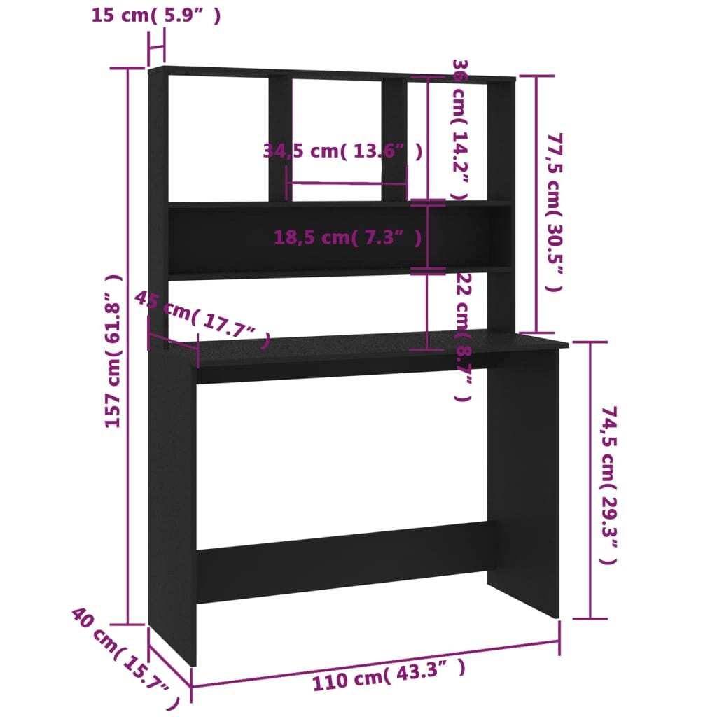 Desk with Shelves Black 43.3"x17.7"x61.8" Engineered Wood