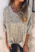 Gray Leopard Print Half Sleeve V Neck Loose Fit T Shirt