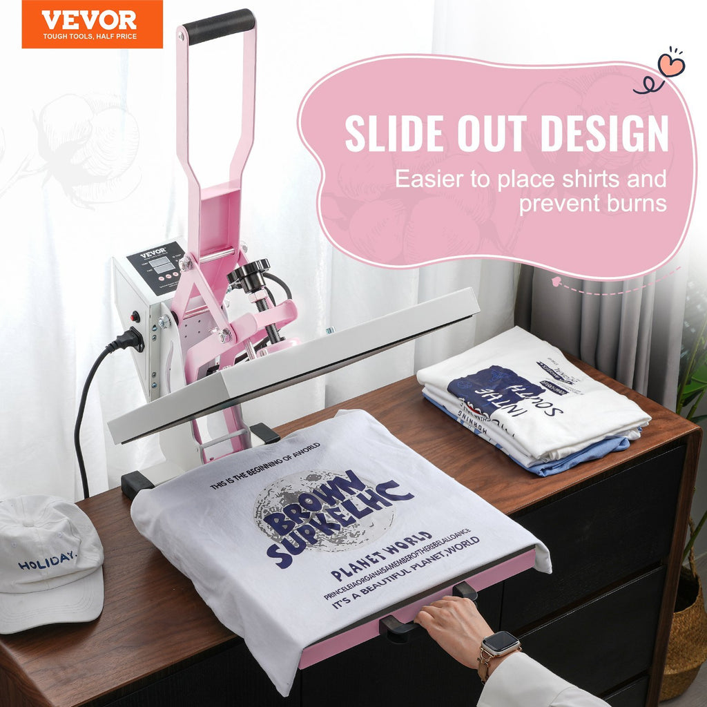 Heat Press, 15 x 15 inch Digital Heat Press Machine, Slide Out Heat Transfer Machine, Fast and Even Heating, 2-Layer Insulation Cotton, Heat Transfer Machine for T-Shirts/Pillows/Bags, Pink