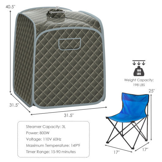 Portable Personal Steam Sauna Spa with Steamer Chair-Gray - Color: Gray