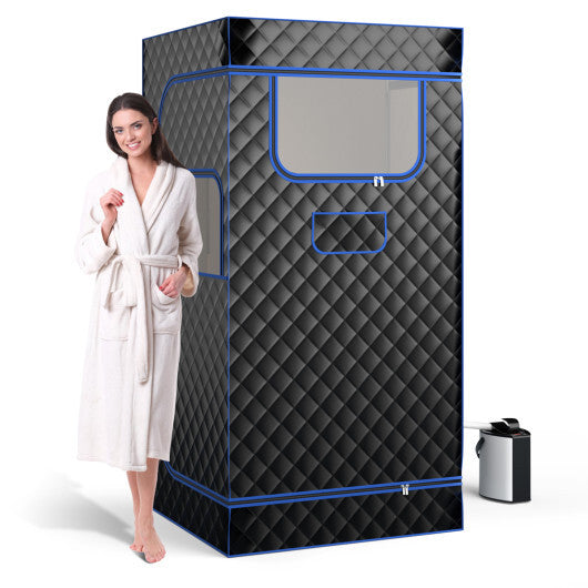 Portable Steam Sauna with 3L Steam Generator Remote Control Wood Foot Massager and Foldable Chair for Home-Black - Color: Black