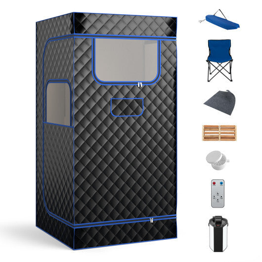 Portable Steam Sauna with 3L Steam Generator Remote Control Wood Foot Massager and Foldable Chair for Home-Black - Color: Black