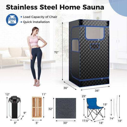 Portable Steam Sauna with 3L Steam Generator Remote Control Wood Foot Massager and Foldable Chair for Home-Black - Color: Black