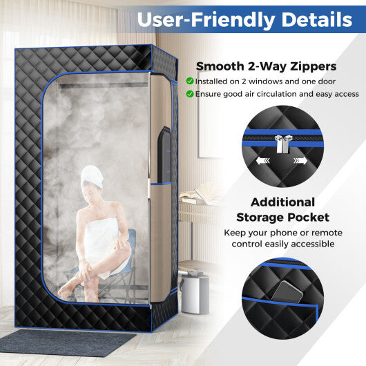 Portable Steam Sauna with 3L Steam Generator Remote Control Wood Foot Massager and Foldable Chair for Home-Black - Color: Black