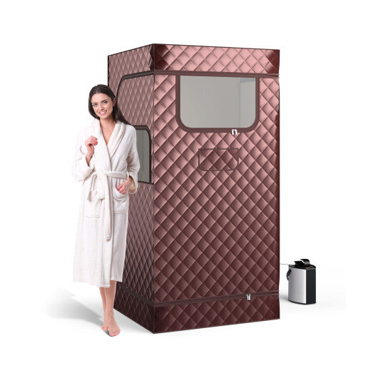 Portable Steam Sauna with 3L Steam Generator Remote Control Wood Foot Massager and Foldable Chair for Home-Coffee - Color: Coffee
