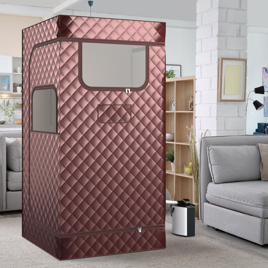 Portable Steam Sauna with 3L Steam Generator Remote Control Wood Foot Massager and Foldable Chair for Home-Coffee - Color: Coffee