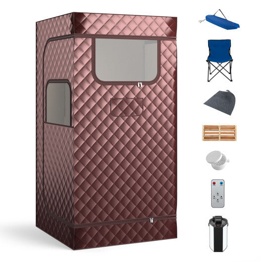 Portable Steam Sauna with 3L Steam Generator Remote Control Wood Foot Massager and Foldable Chair for Home-Coffee - Color: Coffee