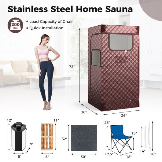 Portable Steam Sauna with 3L Steam Generator Remote Control Wood Foot Massager and Foldable Chair for Home-Coffee - Color: Coffee