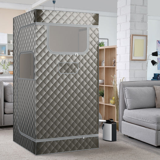 Portable Steam Sauna with 3L Steam Generator Remote Control Wood Foot Massager and Foldable Chair for Home-Gray - Color: Gray