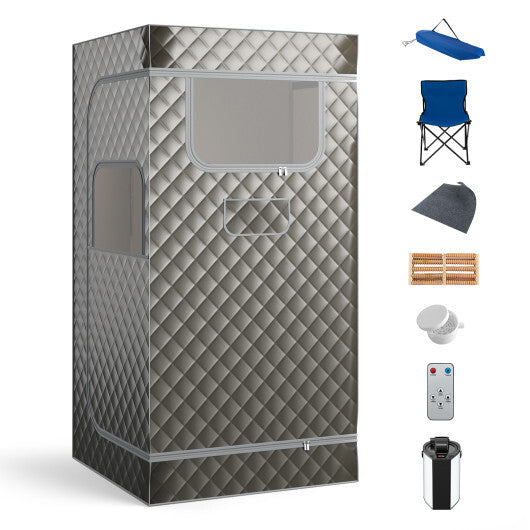 Portable Steam Sauna with 3L Steam Generator Remote Control Wood Foot Massager and Foldable Chair for Home-Gray - Color: Gray