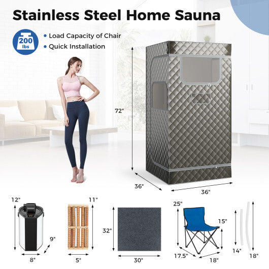 Portable Steam Sauna with 3L Steam Generator Remote Control Wood Foot Massager and Foldable Chair for Home-Gray - Color: Gray