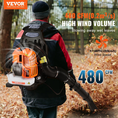 Backpack Leaf Blower, 52CC 2-Cycle Leaf Blower with 1.37L Fuel Tank, 480CFM Air Volume 175MPH Speed, Ideal for Lawn Care, Leaf Cleaning, and Snow Removal