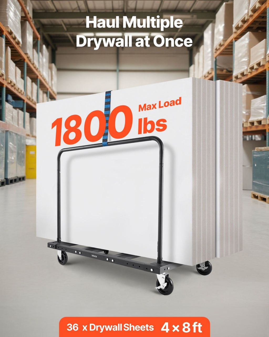 Drywall Cart Dolly, 1800 lbs Load Capacity, Steel Panel Truck Cart with 5 inch Swivel Casters, Lumber Drywall Dolly with Tie-Down Strap & 2 Side Handrails for Factory, Warehouse, Garage, Black